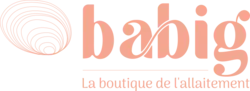 Logo corail de la marque Babig avec un coquillage stylisé à gauche et l’inscription « babig – La boutique de l’allaitement »