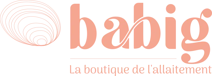 Logo corail de la marque Babig avec un coquillage stylisé à gauche et l’inscription « babig – La boutique de l’allaitement »